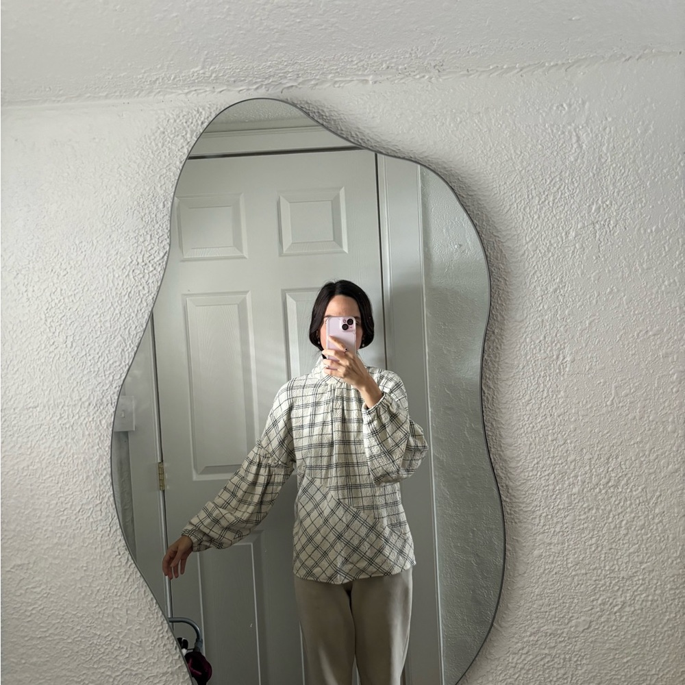 sold - TIBI Plaid Print Mock Neck Button-Up Top size XS, Neutral color